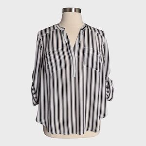 Torrid Black White Vertical Stripe Roll Tab Sleeve Blouse